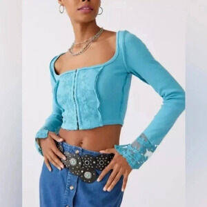 URBAN OUTFITTERS Leona Lace Blue Long Sleeve Cropped Top S